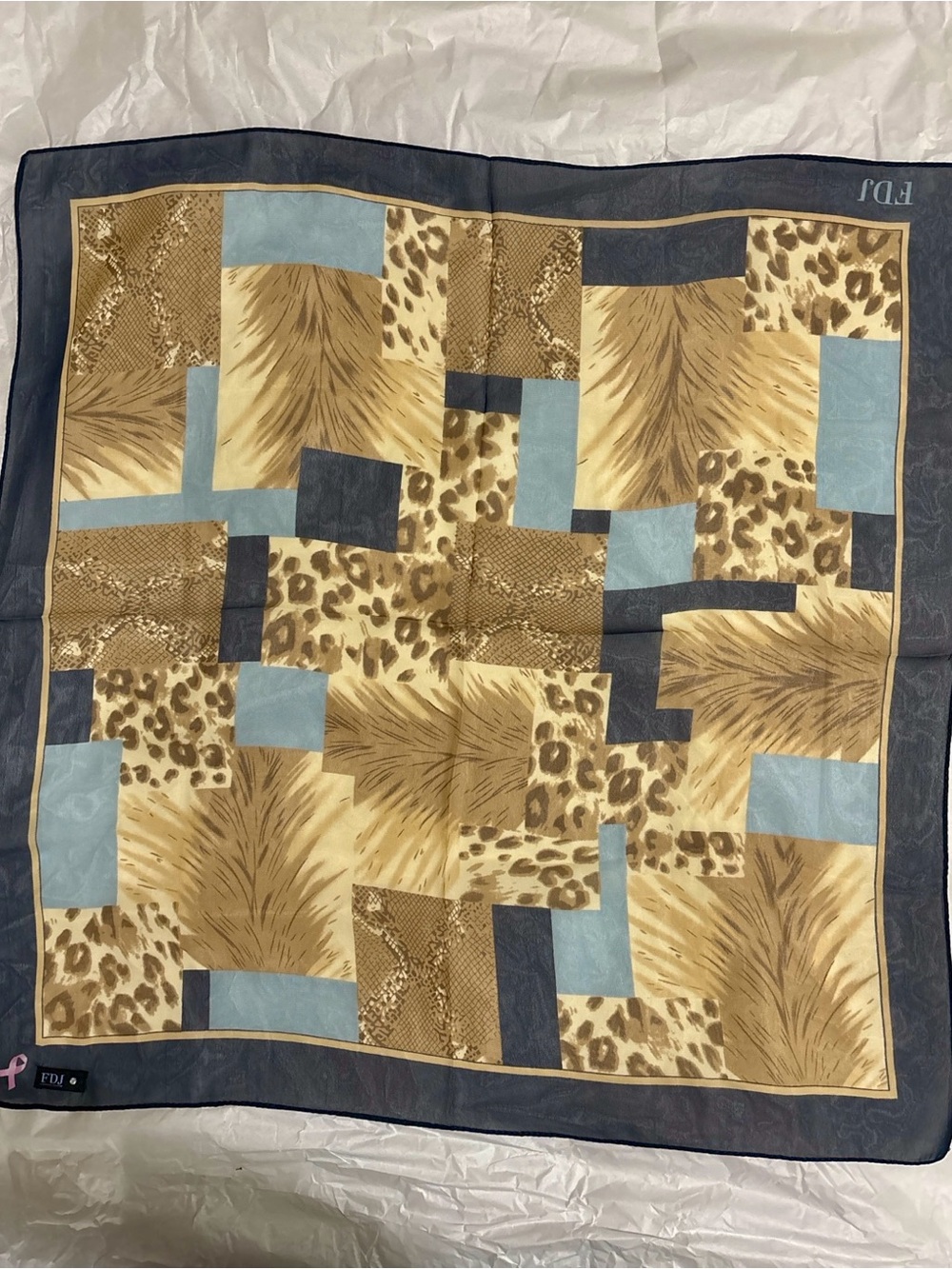 FDJ Animal Print Patchwork Square Scarf Leopard Faux Fur Neutral Tones